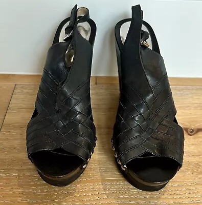 MICHAEL KORS Black Leather Wood Wedges Women's Shoe Size 9M • $22