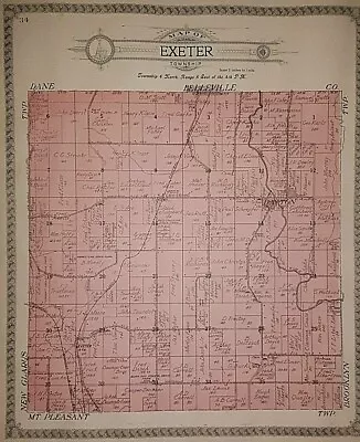 1918 Original Plat Map ~ EXETER Twp. WISCONSIN W/ MT. PLEASANT Twp. On Reverse • $33.84