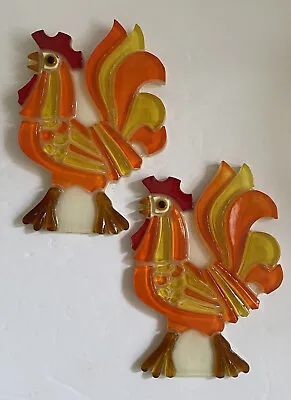 Vintage MCM Lucite Acrylic Rooster Wall Plaques ~ New Trends Industries 1969 • $24.95