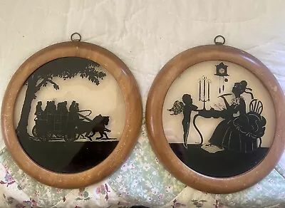 2 Vtg Reverse Silhouette Wood Frame 6.5  Dia Stagecoach & Victorian Lady/Cherub • $6