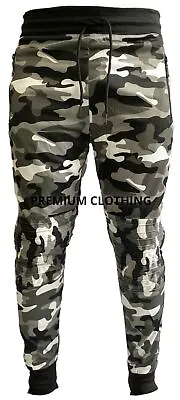 Mens Camouflage Joggers Polyester ZIP POCKETS Bottoms Jogging Slim Shiny Cuffed • £11.99