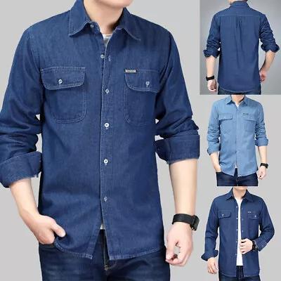 Men Denim Shirts With Pocket Long Sleeve Top Casual Button Down Jeans Shirt Tops • £15.56