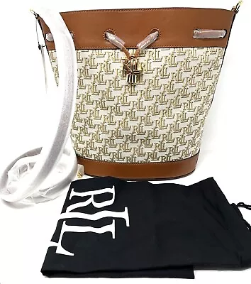 Lauren Ralph Lauren Andie Monogram Jacquard Drawstring Bucket Bag Brown Tan • $255.63