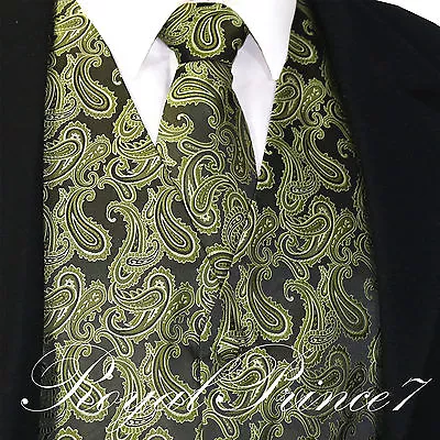 Men's Olive Green Paisley Tuxedo Dress Vest Waistcoat & Neck Tie Wedding Prom • $24.36