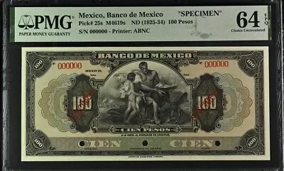 Banco De Mexico P#25S M4619S ND (1925-34) 100 Pesos SPECIMEN PMG ChUNC 64 EPQ • $850