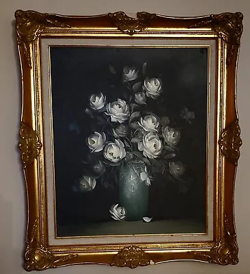 WHITE ROSE OIL PAINTING 31  X 27  SHABBY Gesso Frame SIGNED Still Life • $650
