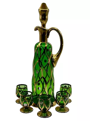 Venetian Glass Decanter Barware Cocktail Liquor Set Green & Gold Mid Century 50s • $89.95