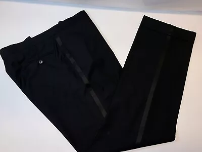 Mens Tuxedo Pants Size 35 Black Straight Leg Satin Stripe Suspender Buttons • $10.99