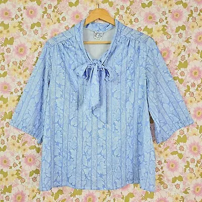 Vintage 70s Blouse Blue Size 12 Stretch Polyester Jersey American Vintage • £12