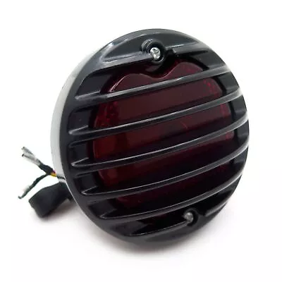 Motorcycle Black Plastic Grille Ribbed Round LED Tail Brake Light Red Lens • $10.99