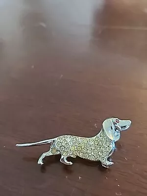 Vintage Dachshund Clear RS  Dog Pin Brooch Red RS Eye Silver Tone • $5