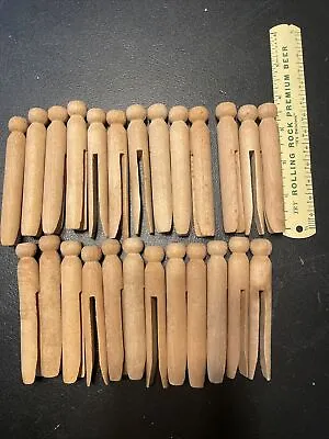 Vintage 25 Wooden Clothes Drying Pins Craft Rounded With Flat Top Clothespins • $4.80