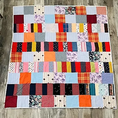 Vtg Patchwork Cotton Quilt Colorful 78” X 70” Tied Hand Made • $44.95