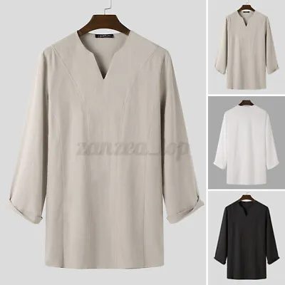 £14.03 • Buy Mens Kurta Loose Shirt Causal Tunic Ethnic Long Sleeve Shirt Linen Tops Caftan
