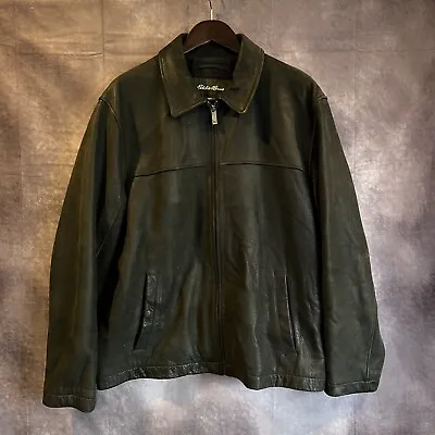 Vintage Eddie Bauer Leather Motorcycle Lined Jacket Men's Large Black Coat EUC • $100