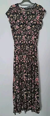 Long Tall Sally Size UK 18 Black Floral Print Cap Sleeve Maxi Dress LTS • £22.95