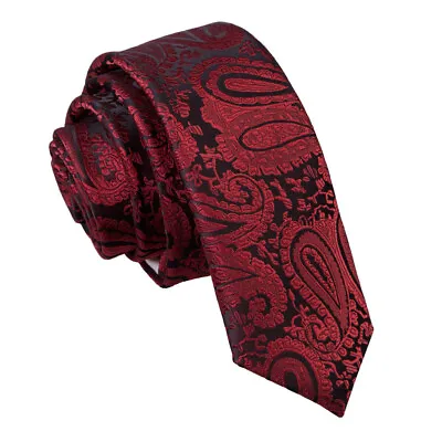 Burgundy Skinny Tie Woven Floral Paisley Mens Formal Wedding Necktie By DQT • £7.99