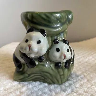 Small Majolica Vase Planter Two Playful Pandas Lounging On Tree Unmarked VGT 4” • $24