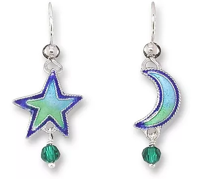 Star & Moon Dangle Earrings Zarah Silver Plated Hand Painted Whimsical • $21.99