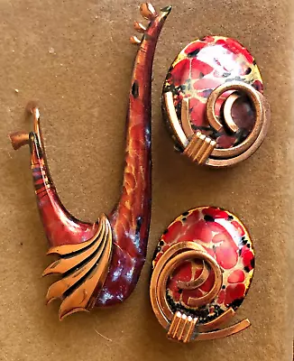 Vintage MATISSE Signed RED Enamel WINDSONG Pin Brooch & Earring Set • $75