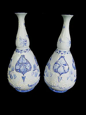 Rare Pair Of Signed William Moorcroft Macintyre Florian Ware Vases – Circa 1900 • $7995