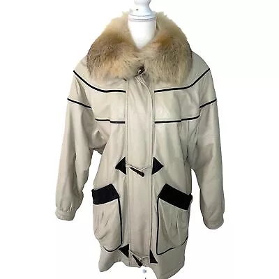 Vintage Womens Leather Parka Detachable Fur Collar Zipper Front Pockets Lined • $162.26