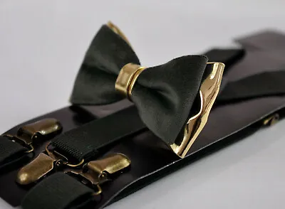 Black Velvet Gold Leather Bow Tie + Black Suspenders Baces Men Youth Boy Toddler • $19.91