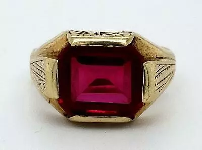 14k Yellow Gold Simulated Ruby Edwardian Engraved Design Mens Ring Size 9.25 • $477