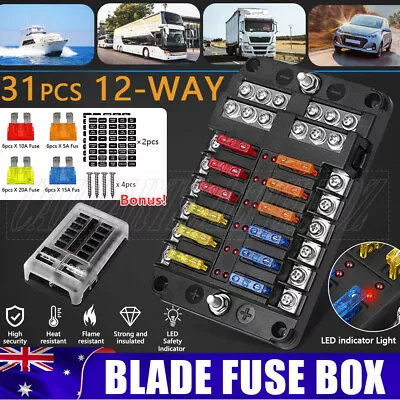 12 Way Blade Fuse Block Box Holder LED Light 12V 32V Circuit Caravan Marine Car • $16.75