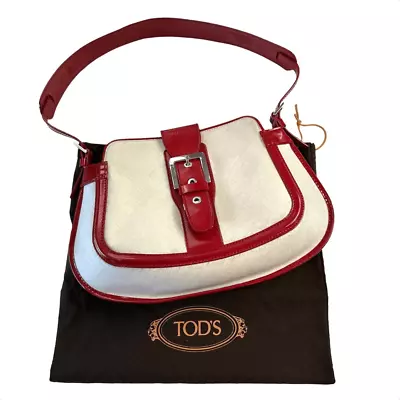 TOD'S VTG Authentic Y2K Red & Linen Shoulder Baguette Curved Leather Handbag • $150