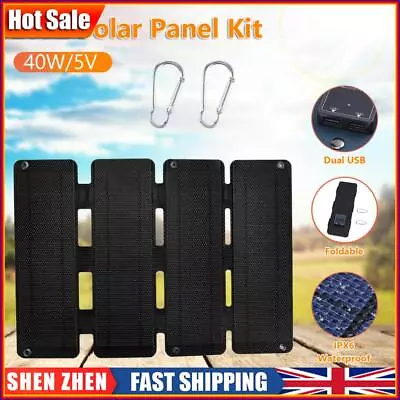 5V 40W Foldable Solar Panel Ultra-thin Waterproof Emergency Power Bank (Black) • £26.87