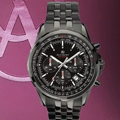 Accurist 7250 Chronograph RRP £175.00 Black Steel Bracelet Mens Watch 2 Yr Guar • £64.90