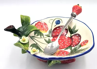 Blue Sky J McCall Footed Ice Cream Bowl W/ Spoon Icing On The Cake Strawberries • $27.99