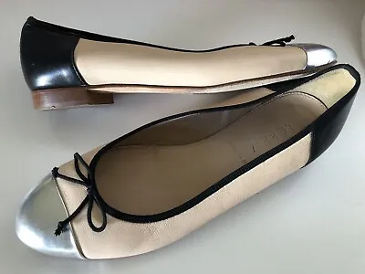 J. Crew Italy Nude Leather With Black Trim/Bow Slip On Ballet Flats Sz 6 • $29.95