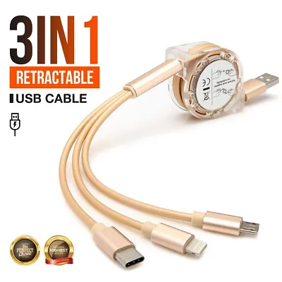 $6.95 • Buy 3 In 1 Multi USB Retractable Charger Cable Fr IPhone USB TYPE C Android Micro