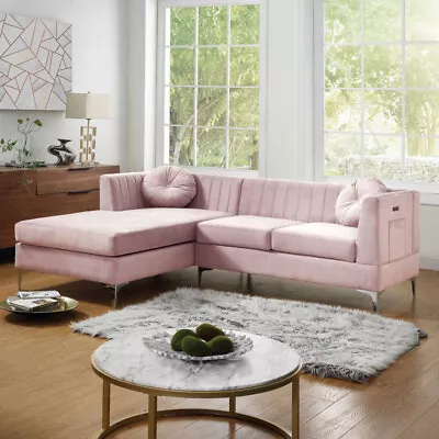 Modern Velvet Sectional Sofa Chaise With USB Charging Port And 2 Accent Pillows • $984.99