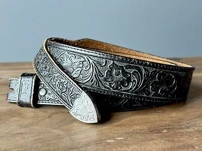 Vintage WESTERN Full Grain Leather Black Tooled Belt Floral Silver Tip 34”-38” • $27.50