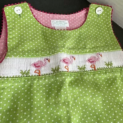 Vive La Fete: Green Polka Dot Jumper Style Smocked Flamingo ~ Sz 3 • $14.49