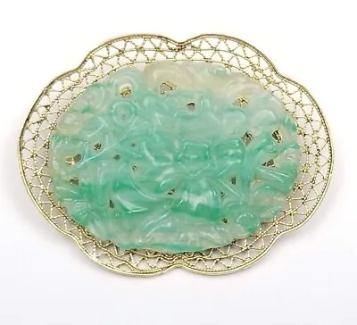 Vintage Green Molded Carved Floral Peking Style Glass Gold Tone Pin Brooch • $28
