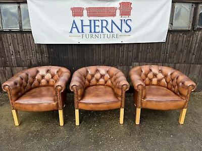 *Antique Set Of 3 Brown Leather Chesterfield Tub Chairs  FREE DELIVERY 🚚* • £900