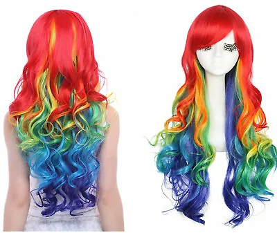 70cm Long Multicolour Rainbow Curly Wave Cosplay Party Hair Wig + Cap • £9.40