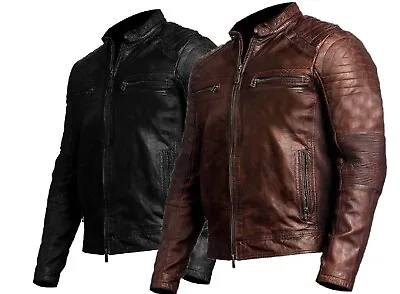 Men's Café Racer Biker Leather Jacket Black Brown Motorcycle Distressed Leather • $103.49