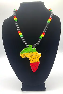 $16 • Buy Wooden Necklace With Africa Map Medal Rasta Colors Black Red Yellow Beads