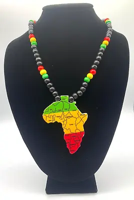 Wooden Necklace With Africa Map Medal Rasta Colors Black Red Yellow Beads • $17.99