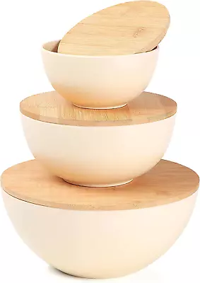 Salad Bowl Set Of 3 Bowls With Wooden Lids Bamboo Fiber Mixing & Storage Round • $19.95