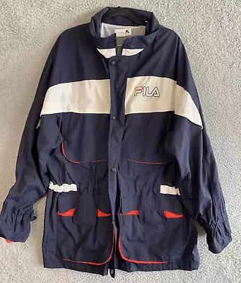 Vintage 90s Fila Men's Size Large Full Zip Parka Jacket Nylon Windbreaker Navy • $19.99