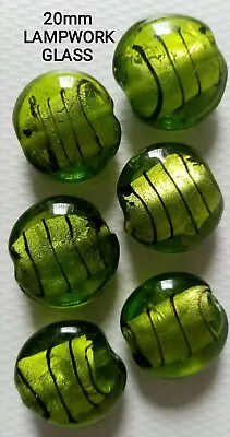 6  Lime Emerald Green Foil 20mm LAMPWORK GLASS Round Feature Focal Pendant Beads • £3.50