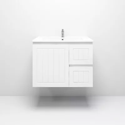 750mm Amber Matte White Bathroom Vanity Wall Hung Cabinet Right Drawers With Top • $559