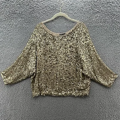 Vince Top Womens Medium Taupe Gold Sequin Dolman Sleeve Relaxed Sparkle Blouse • $49.90