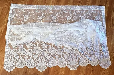 Vtg Pair 84 X 56  White Floral Lace Curtain Panels Poly Scalloped Bottom Canada • $23.95